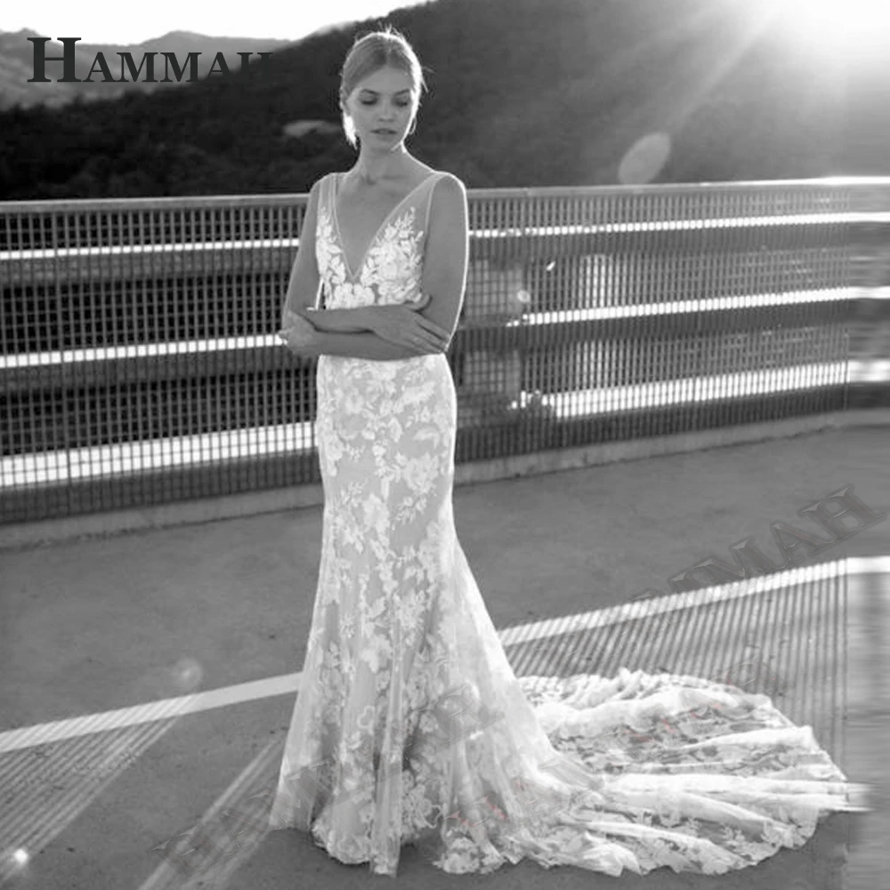 

HAMMAH Wedding Dresses For Women V Neck Tank Sleeveless Sweep Train Trumpet Robe De Mariée Backless Tulle Appliques Custom Made