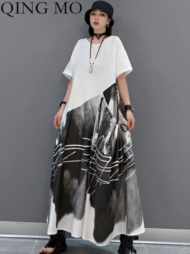 

QING MO 2023 Summer New Fashion Dress Female Korean Short Sleeve Round Neck Loose Women Dress Streetwear ZXF918