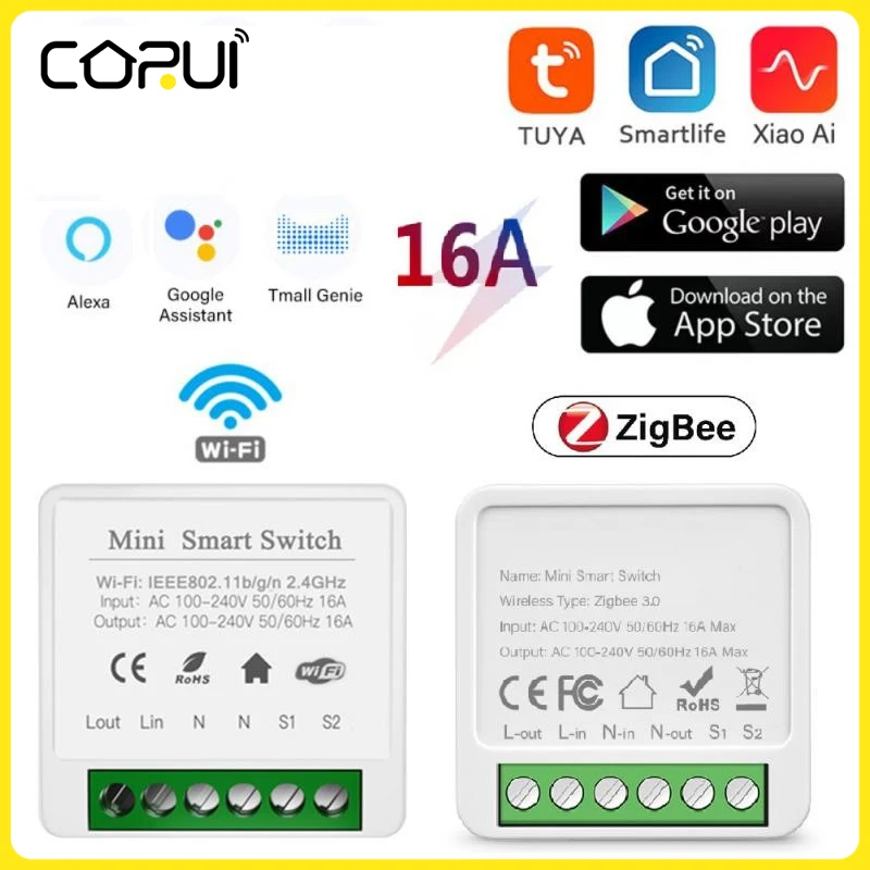 CoRui 16A MINI Zigbee/Wifi Smart Switch Supporte 2way Control Timer Smart Home Automation With Tuya Alexa Google Home Smart Life