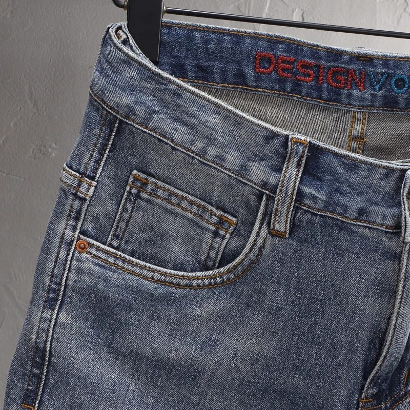 Summer Fashion Men Jeans Retro Washed Blue Embroidery Designer Elastic Casual Short Jeans Homme Vintage Cotton Denim Shorts Men