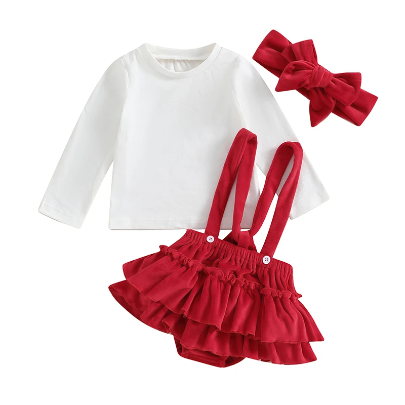 

Baby Girls Christmas Outfit Long Sleeve T-shirt with Layered Suspender Shorts and Bow Hairband