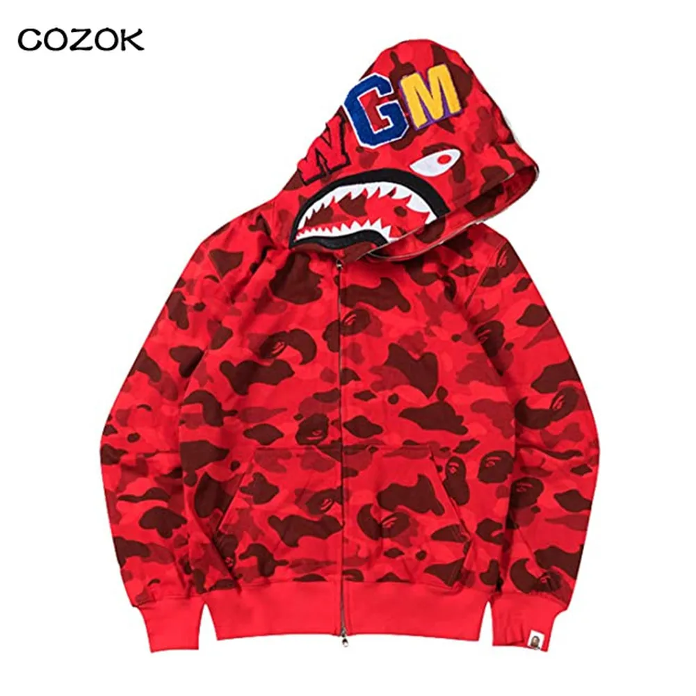 

100% Cotton fleece Hoodies Winter Fashion Camouflage Couples Wear Casual Cardigan Hooded Bapes Shark Coat Streetwear Men Jacket