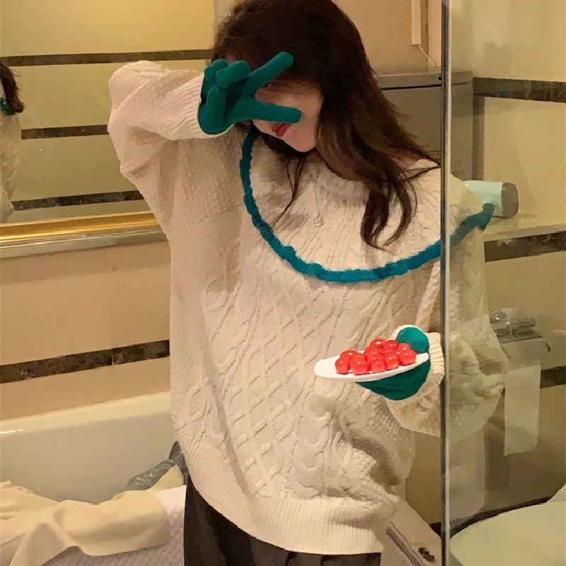 

Осенняя Женская одежда, белый вязаный свитер с круглым вырезом и оборками по краям, повседневные Модные мешковатые женские топы в Корейском стиле