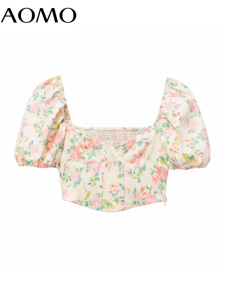 

AOMO Women Flowers Square Collar Crop Shirt Puff Short Sleeve 2022 Summer Chic Female Shirt Tops 3H416A