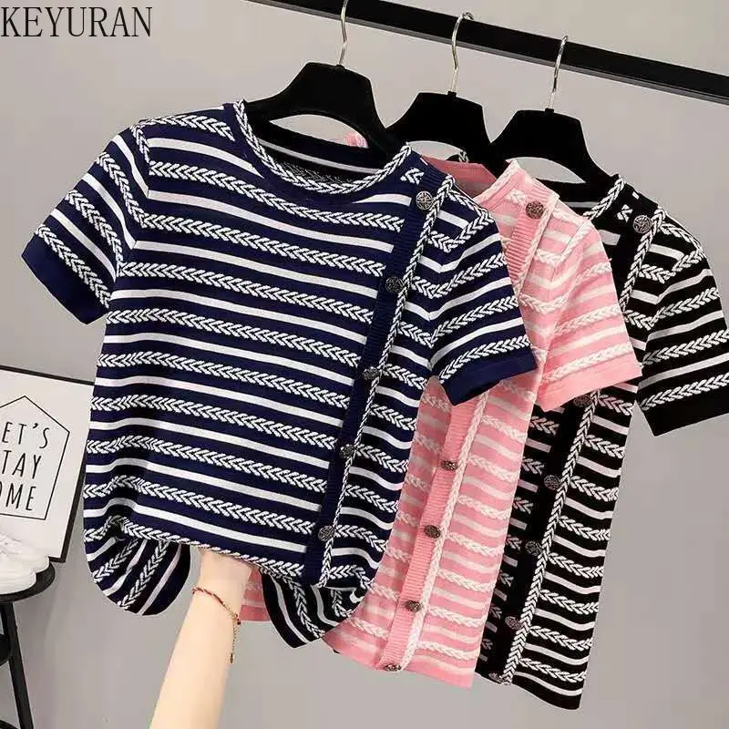 

2022 Summer Thin Ice Silk Striped Sweaters Women Tee Fashion O-Neck Short Sleeve Casual Loose Button Knitted T-Shirts Tops Femme