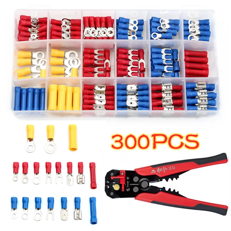 

300PCS Insulated Electrical Wire Cable Connectors Assorted Crimp Spade Butt Ring Fork Set Ring Lugs Crimping Terminals + Plier