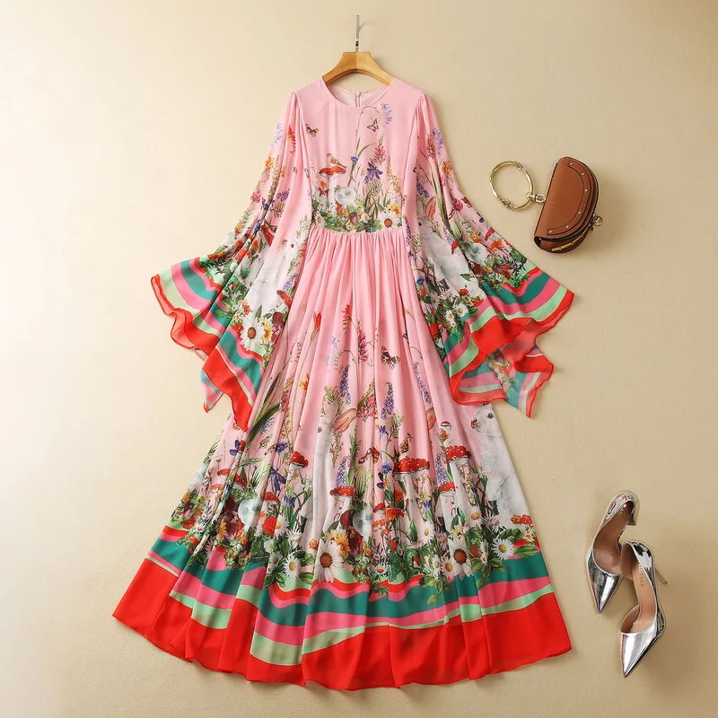 

Женская одежда в европейском и американском стиле, новинка весны 2023, модное плиссированное платье с длинным рукавом и розовым цветочным принтом, XXL