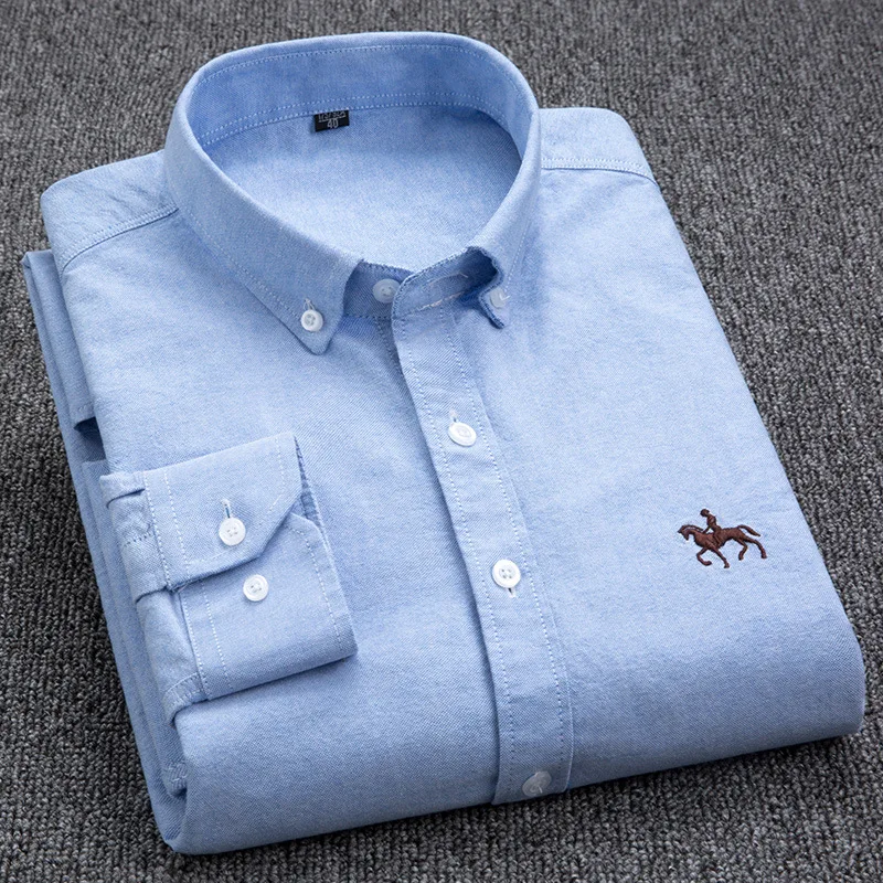 Casual 100% Cotton White Mens Oxford Shirt Long Sleeve Plaid Striped Slim Fit Social Male Clothes
