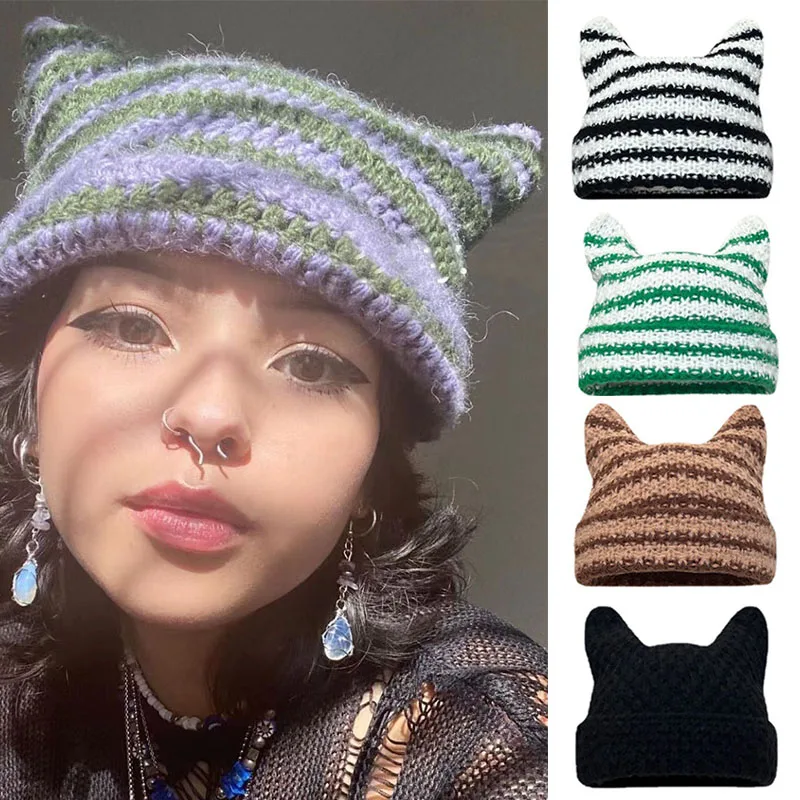 

2022 New Striped Beanie Cat Ear Women Contrast Cute Devil Horns Hat Girls Handmade Crochet Winter Warm Ski Cap Halloween Bonnet