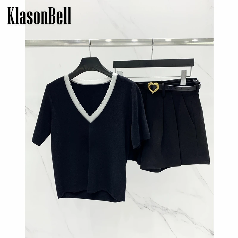 

5,23 KlasonBell трикотажная футболка контрастных цветов с V-образным вырезом или с поясом плиссированные шорты Модный комплект для женщин
