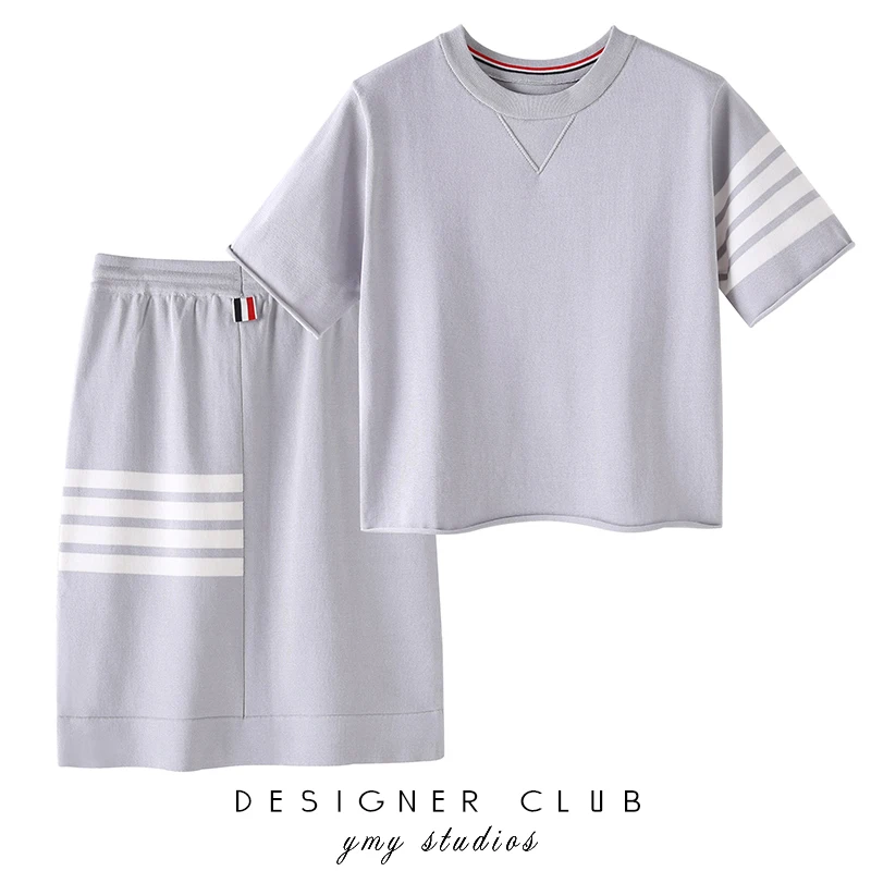 TB age-reducing suit female ice silk short-sleeved T-shirt top + striped contrast color mid-length skirt two-piece tide