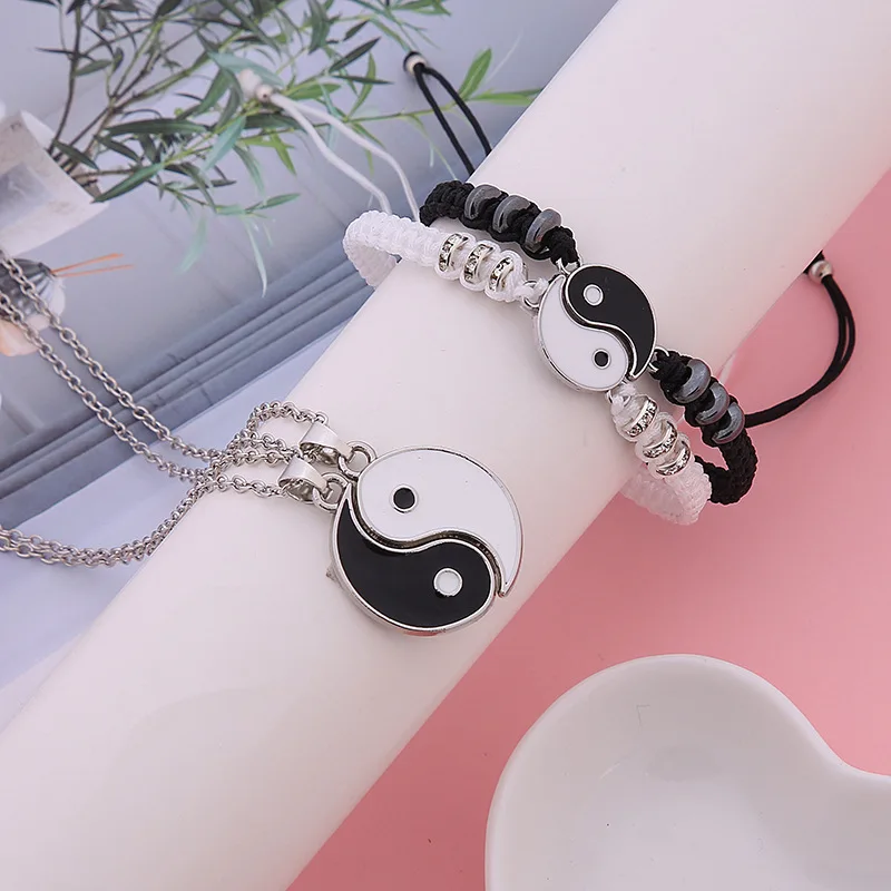 

Tai Chi Yin Yang Couple Bracelets Pendant Adjustable Braid Bracelet Necklace Matching Lover Rings Necklaces Jewelry Set