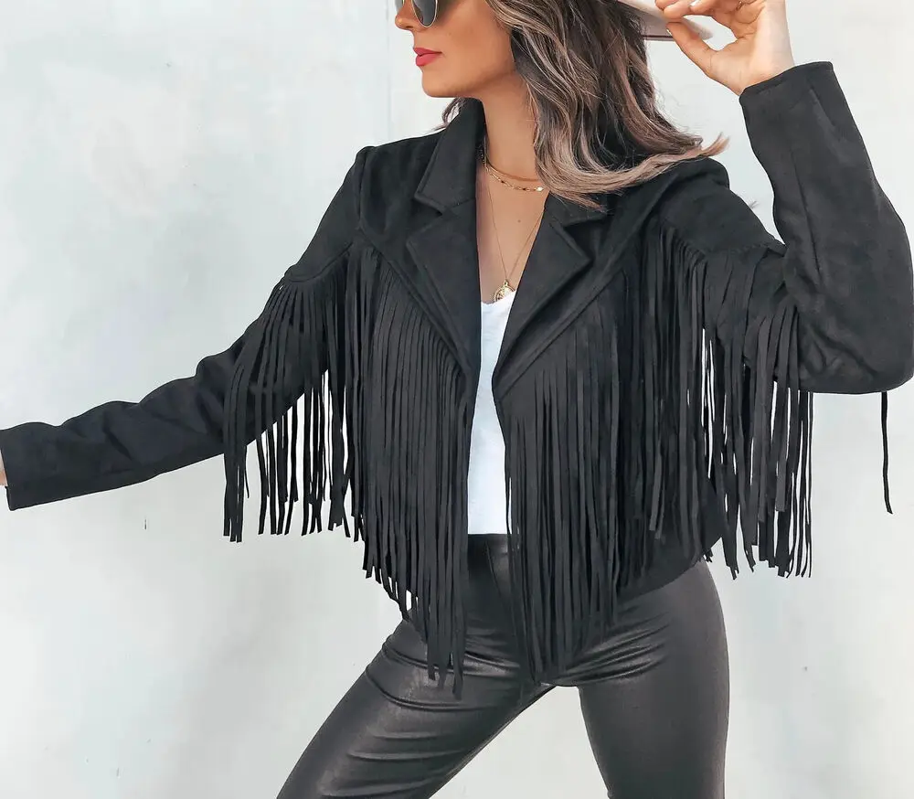 Women Black Jacket 100% Genuine Pure Soft Suede Leather Fringe Coat
