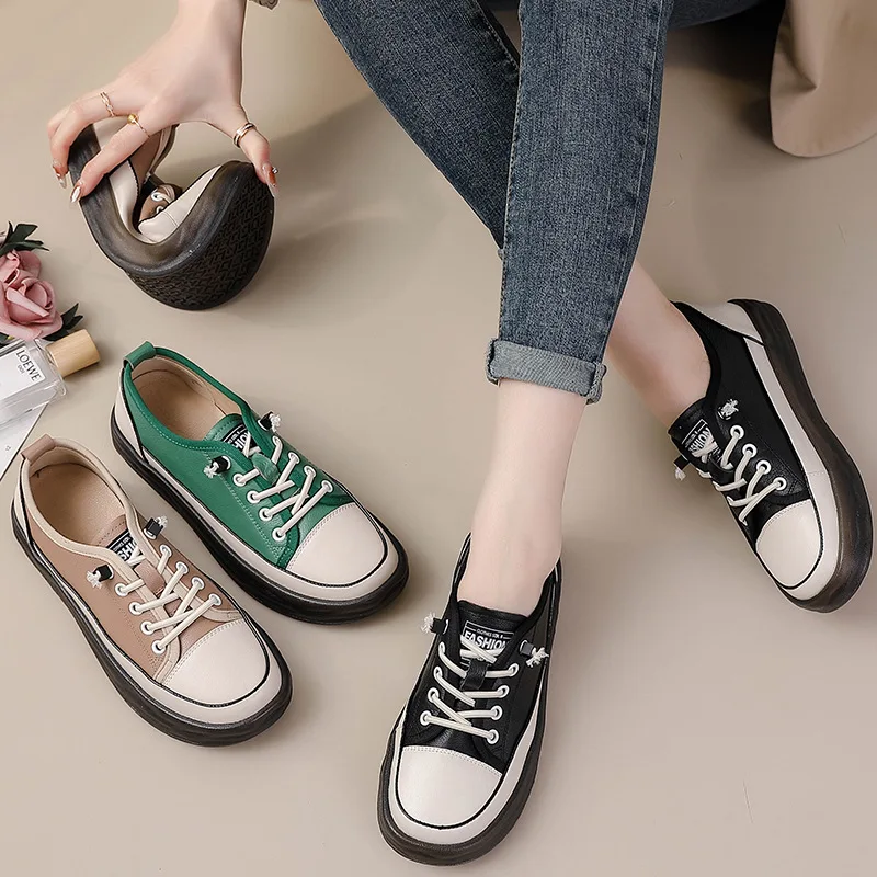 CICIYANG Genuine Leather Women Spring Flats Shoes 2023 New Lace-up White Shoes Casual Soft Sole Loafers Ladies Sneakers Handmade