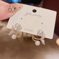 s925 silver needle temperament pearl two wear fish tail earrings exquisite versatile high grade simple compact earrings