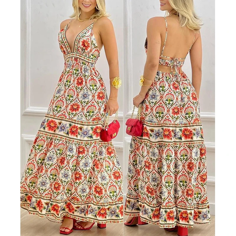 

Fashion Casual Strap Backless V Neck High Waist Vacation Dress Y2K Clothes Women Summer Floral Print Corset Bohemian Dress