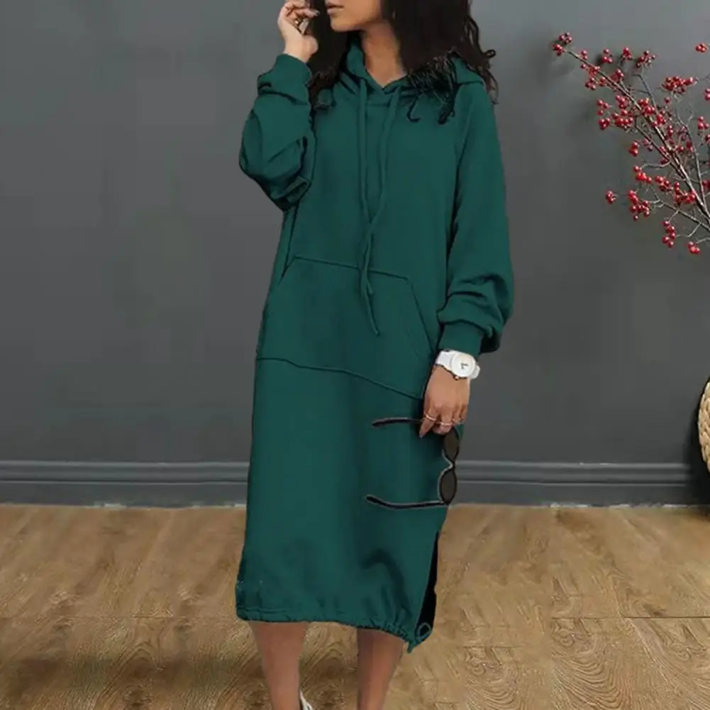 

Women Hoodie Dress Women Sweatshirt Dress Streetwear Women's Hooded Sweatshirt Dress with Side Split Drawstring Hem Front Pocket