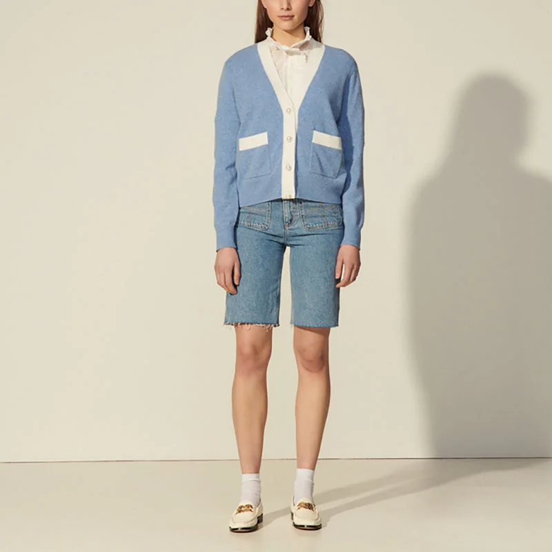 

Spring Sand Summer Knitwear Cardigan Pearl Single-breasted Knitted Women Jacket V-neck Elegant Fasion with Pockets