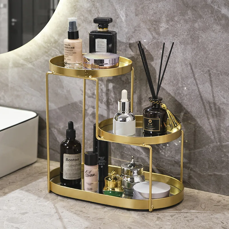 

Nordic Desktop Cosmetic Storage Shelf Luxury Wrought Iron Makeup Storage Shelf Tray Dressing Table Finishing Rack Organizer