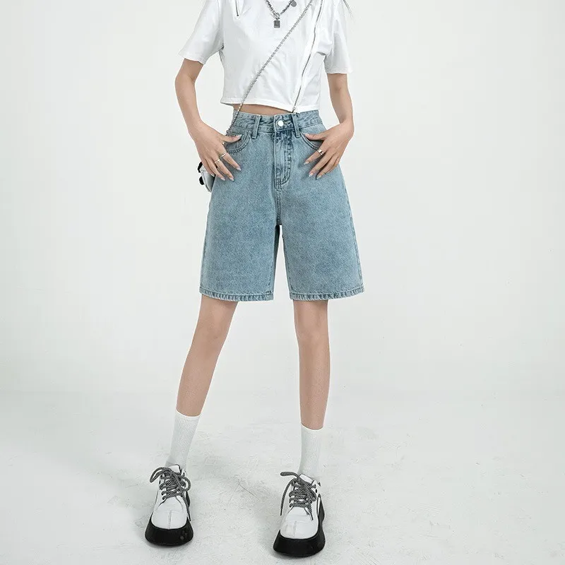 ZHISILAO Solid Knee-length Denim Shorts Women Boyfriend Casual High Waist Wide Leg Shorts Jeans Summer 2022