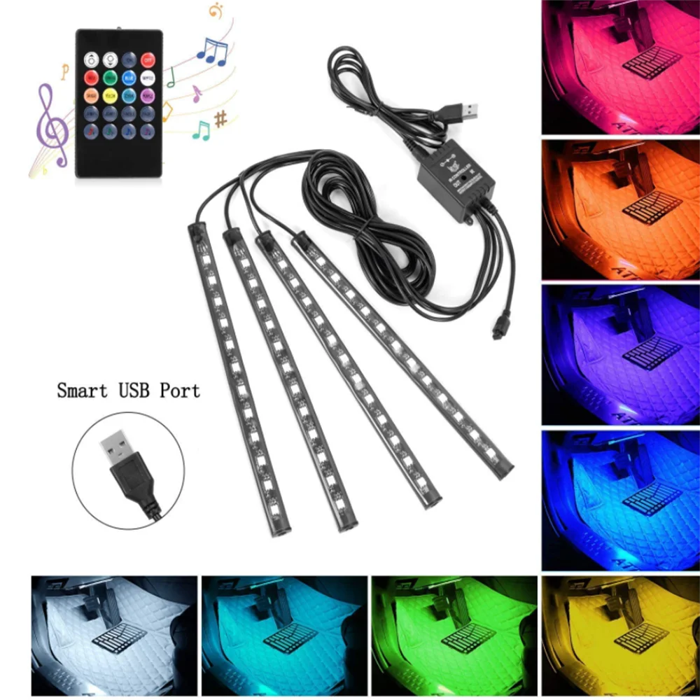 

4pcs Car RGB USB LED Strip Light Interior Styling Decorative Atmosphere Lamps Strip Aotu With Remote Voice Controlled Rhythm