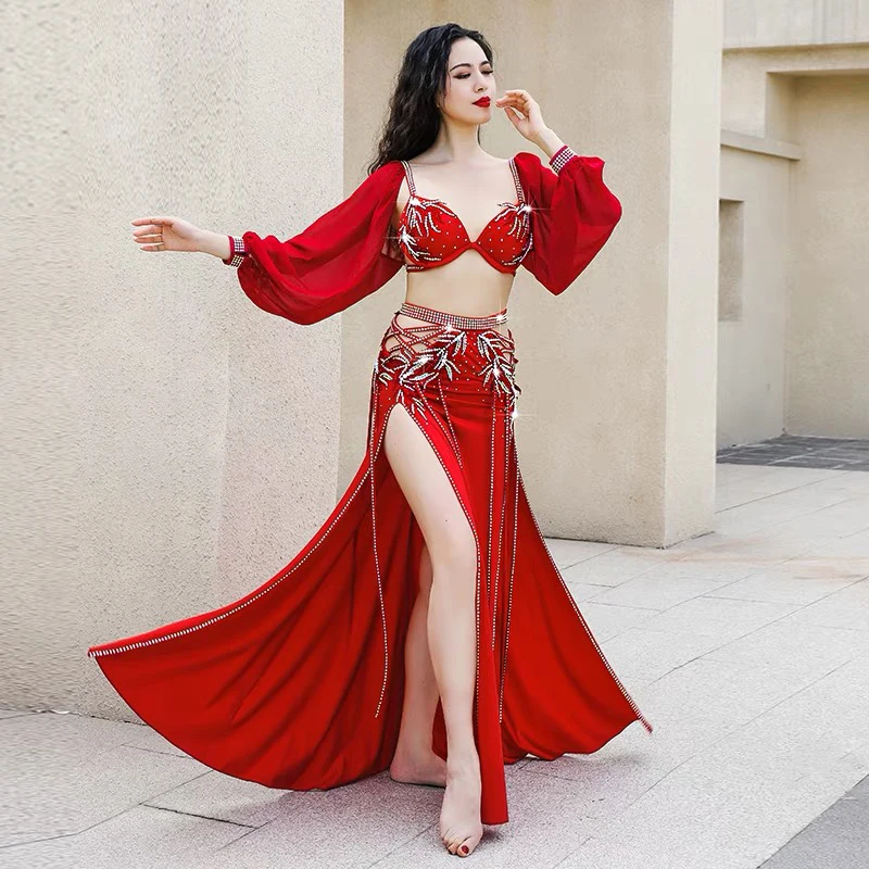 

High-End Top Competition Clothing Belly Dance Suit Diamond-Studdedn Bra Split Long Skir Performance Clothes Set Female Adult