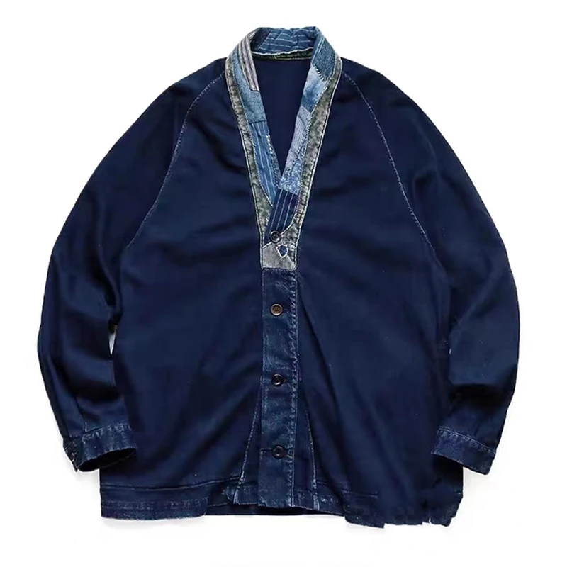 

22SS KAPITAL Hirata Series Re Washed Wax Dye Stitching Damaged V-Neck Taoist Robe Coat Japanese Old Men's Navy Loose Jacket