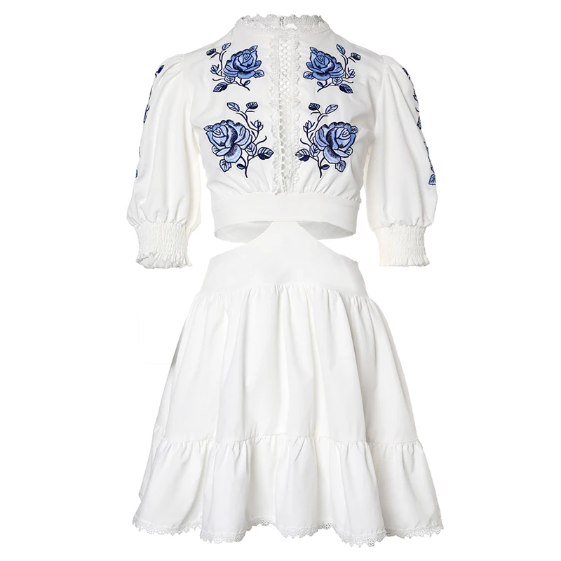 

Модное женское кружевное платье с оборками на подоле, вырезом на талии, цветочной вышивкой, летние короткие платья
