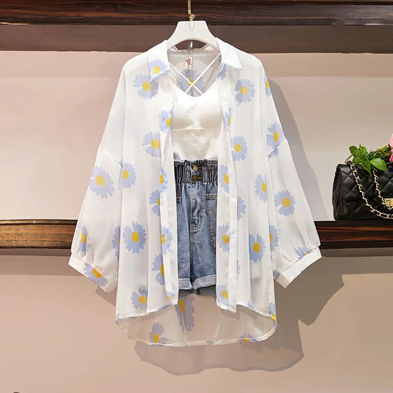 

2022 New Summer Women's Knitted Condole Belt + Lantern Sleeve Sunprevent Clothes + Wide Leg Shorts 3 Piece Sets Ladies suit