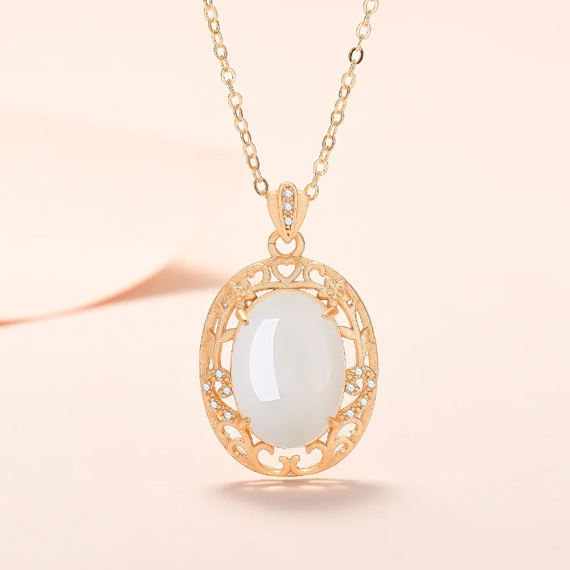

New 2022 Designer Gold Jasper Necklace Retro Palace Style White Jade Pendant Zircon Flower Rattan Clavicle Chain