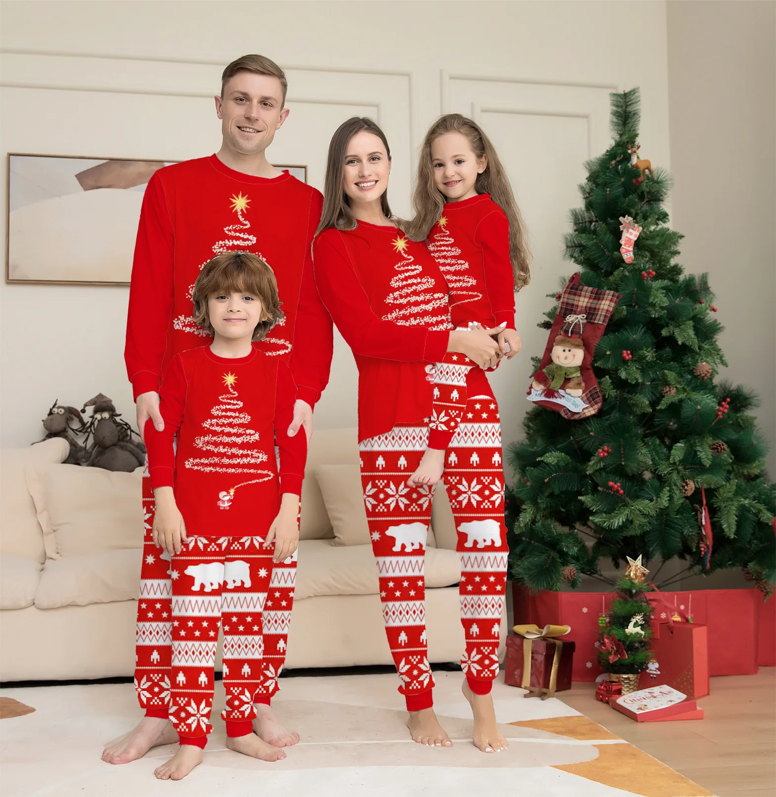 Europe America Home Clothes Printed Pajamas Christmas Parent-child Wear Round Neck Long Sleeve Nightclothes Set