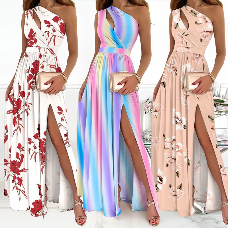 

Women High Slit Dress Offer Shoulder Maxi Dress Print Clubwear Party Elegant Slit Women Ball Gown 2023 Summer Casual Dress