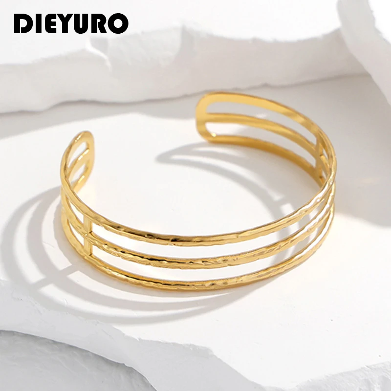 

DIEYURO 316L Stainless Steel Geometric Hollow Cuff Bracelet For Women Girl New Trend Adjustable Bangle Non-fading Jewelry Gift