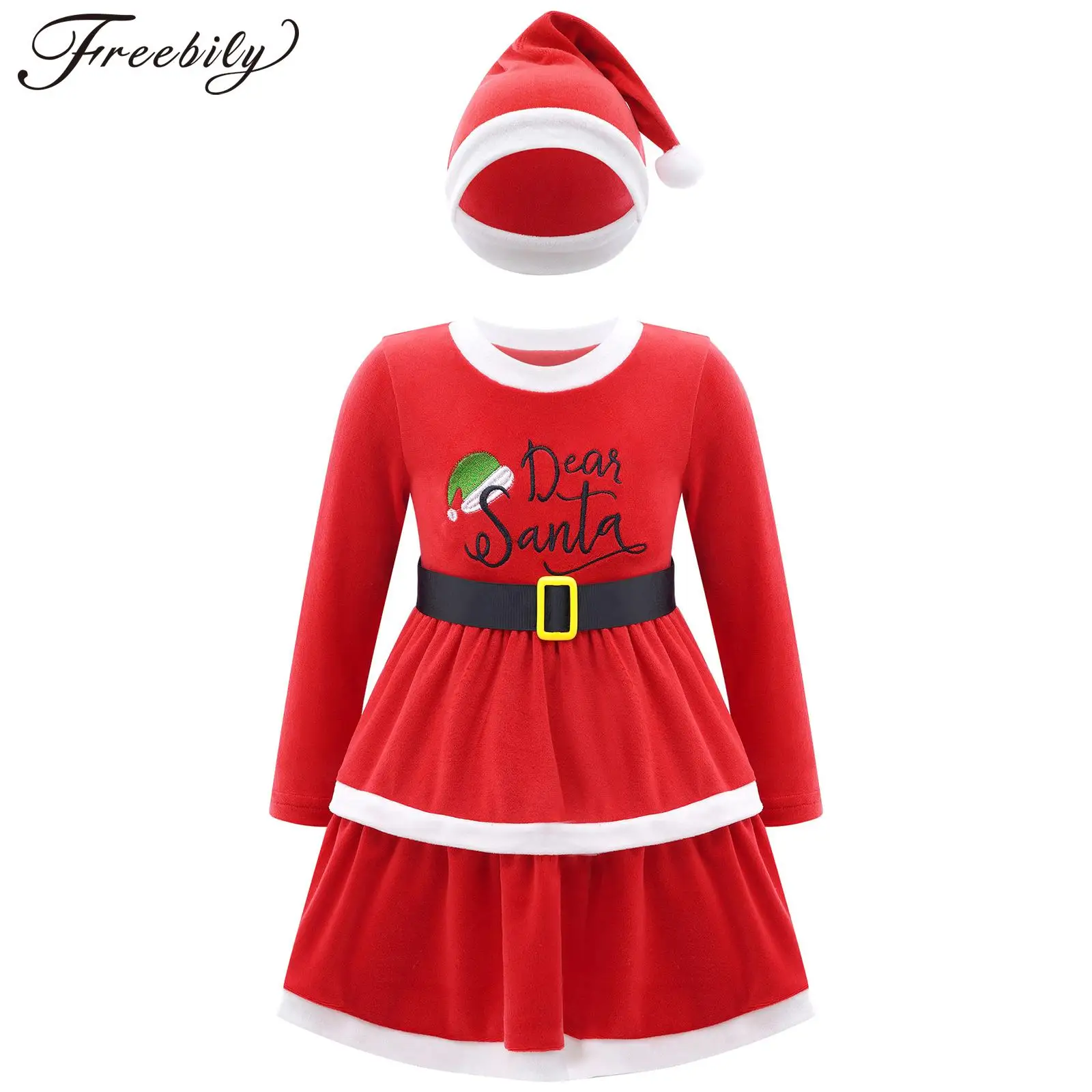 

Toddler Girls Christmas Clothes Long Sleeve Velvet Dress with Hat Xmas Eve Theme Party Carnival Santa Claus Cosplay Show Costume