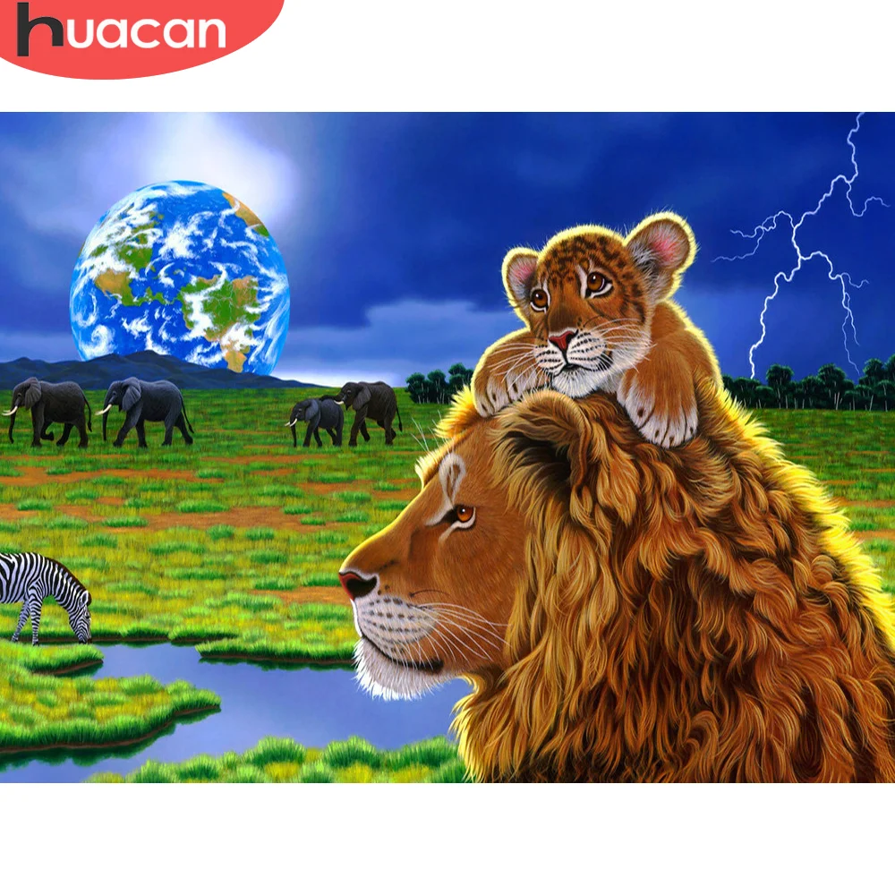 

Алмазная мозаика HUACAN «сделай сам», картина леопардовой расцветки с изображением Льва, круглые наборы для вышивки, домашний декор, подарок