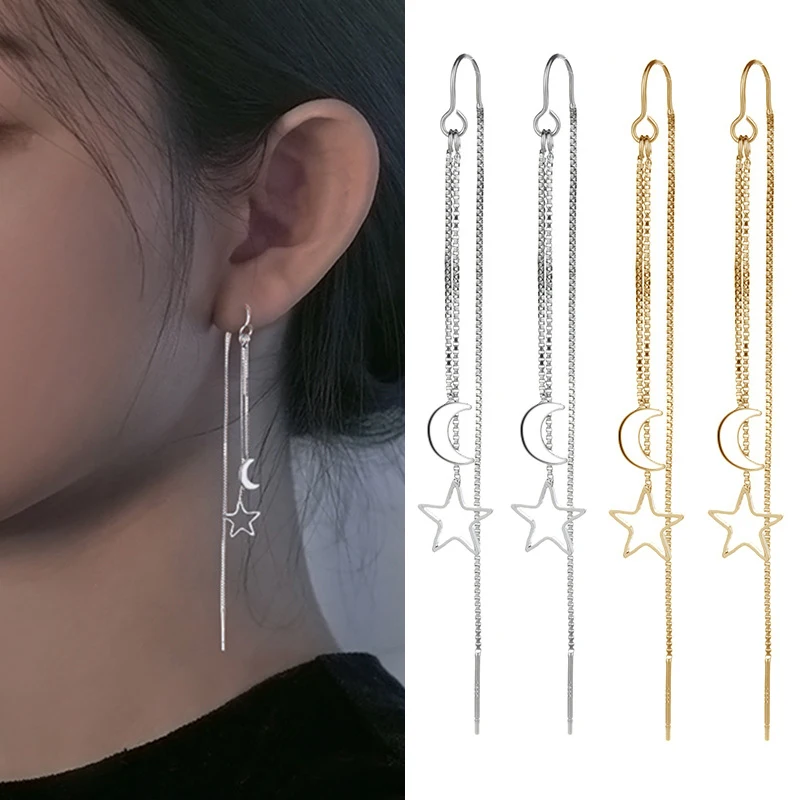 

Simple Moon Star Long Chain Earrings For Women Shine Crescent Geometric Tassel Piercing Earring Party Jewelry Hollowed Ear Line
