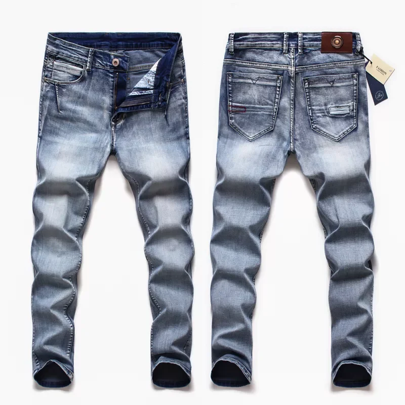 2022New Slim Jeans Men Classical Fashion Elasticity Denim Pants Light Blue Washed Brand Casual Trousers Male Plus Size 40-46