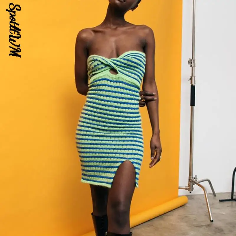 

Woman's Knit Tube Dress Women Elastics Stripe Patchwork Party Bodycon Dress Summer 2022 Ladies Sleevelss Sexy Mini Knit Dresses