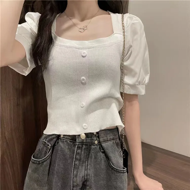 

Summer Solid Color Top Casual Versatile Square Neck Short Sleeves grey