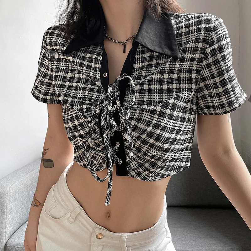 

Fashion Classic Retro Short Sleeve T-shirts Plaid All-Match Casual Sexy Lace-Up Tops Women Streetwear Camisetas Ropa Mujer