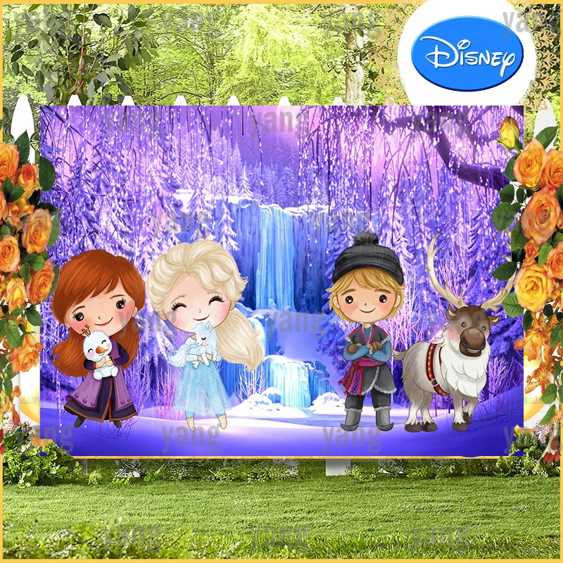 

Disney Cartoon Cute Sven Olaf Ice Horse Frozen Princess Elsa Anna Birthday Party Purple Forest Backdrop Photography Background