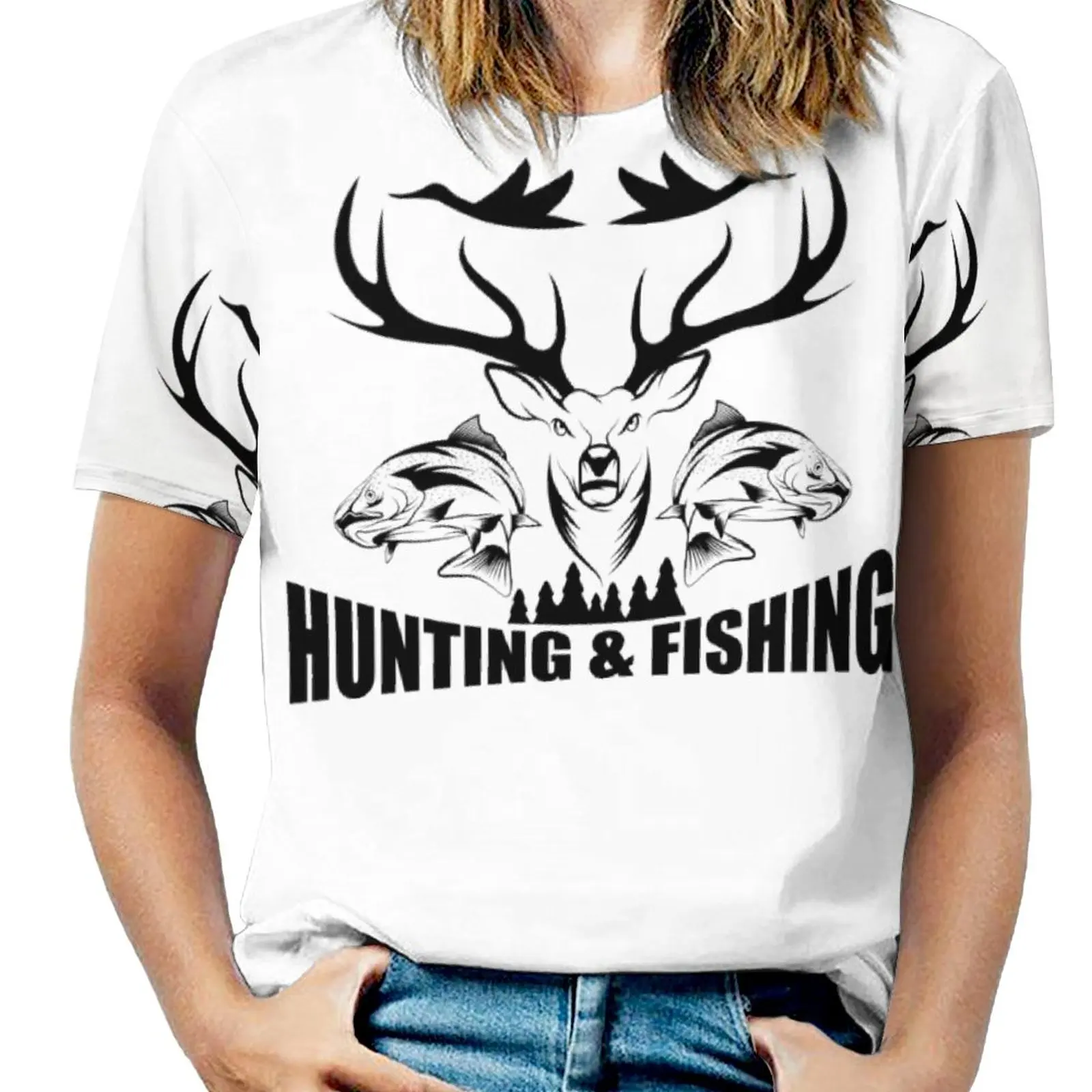 

Hunting And Fishing in Vintage Emblem Design Antler Horns Mallard Pine Tree (5) Graphic Travel T-shirt Fresh Sports Funny Nove