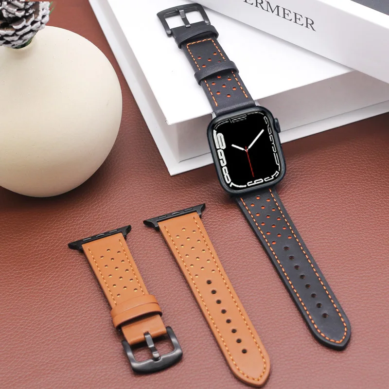 100% Genuine Cow Leather loop Bracelet Belt Band For Apple Watch 7 band 44mm 41 38 40mm 45 49mm 42mm Men for iwatch se 654321