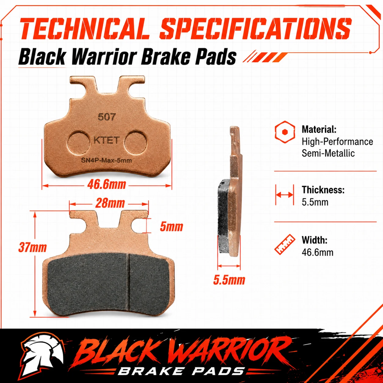 Фото Тормозные колодки Black Warrior полуметаллические Warrior Spirit для WALFISK ET-7, ET-7 Ultra, EKXBike, GTS X22, KTET, SN-V4, XD-SN-4P №4