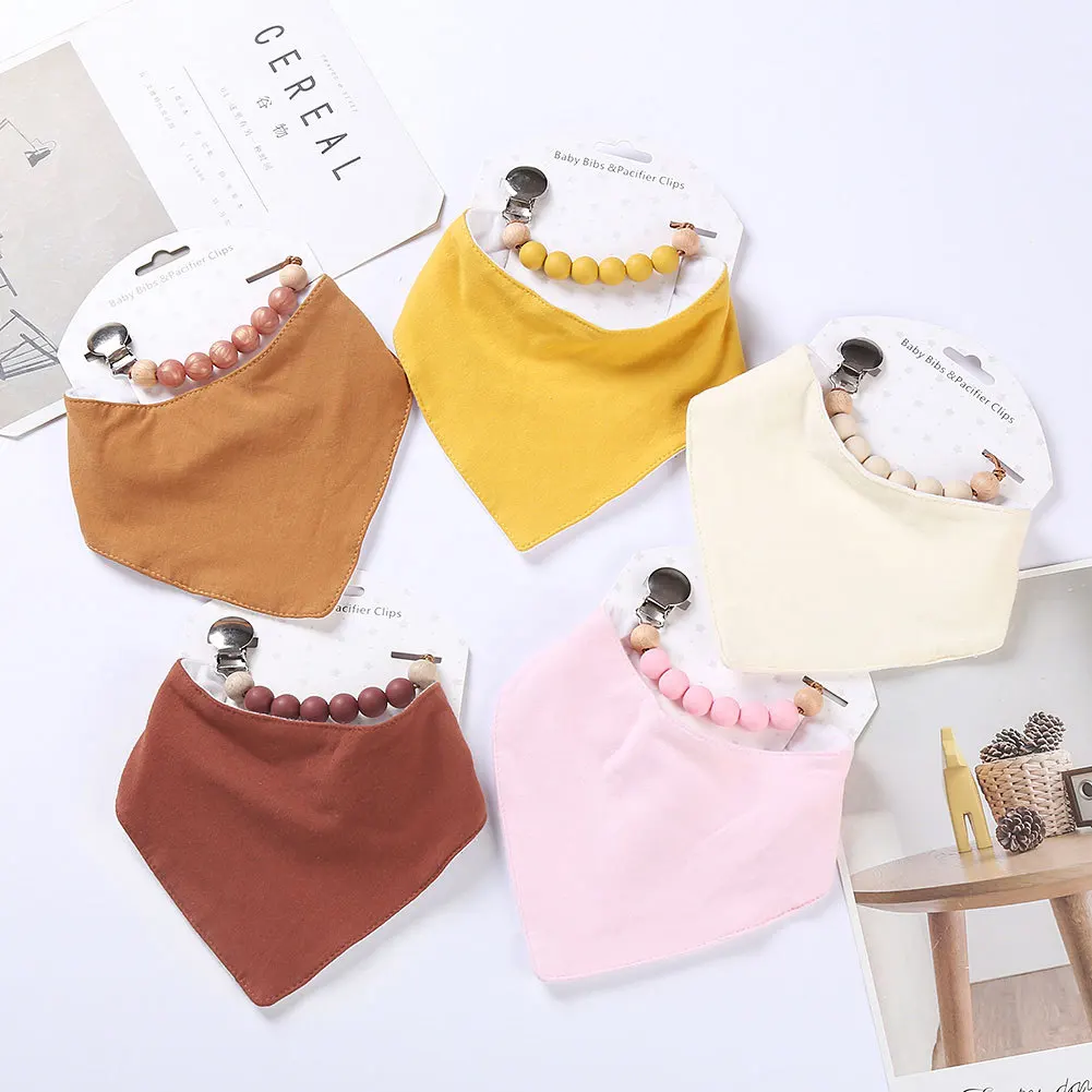 

2Pcs/Lot Cotton Triangle Baby Bibs Solid Food-Grade Silicone Pacifier Chain Adjustable Feeding Clothes Boy Girl Saliva Towel
