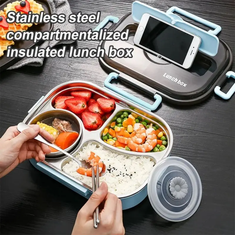 

Lunch Box 4 Grids Leakproof Student Office Worker Microwave Bento Box Outdoor Picnic Food Container with Fork Spoon Soup Bowl