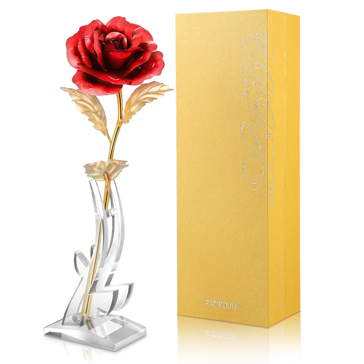 

ETEREAUTY Blooming Gold Foiled 24K Roses Flower Birthday Valentine's Day Anniversary Gift with Greeting Souvenir Box (Red)