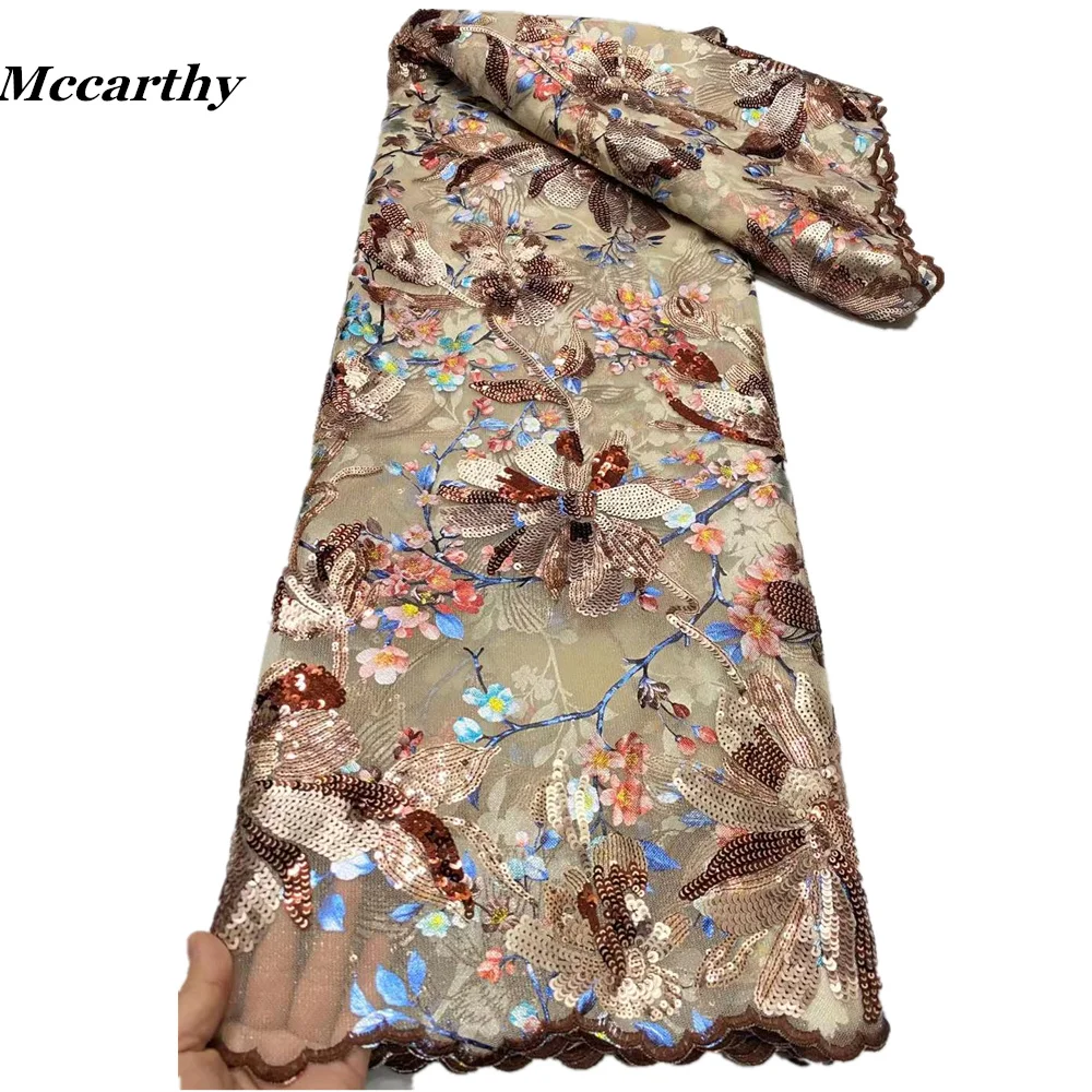 

African Sequins Net Lace Fabric 2022 Brown High Quality Lace Elegant Nigerian Wedding Lace Fabrics Sewing French Tulle Lace
