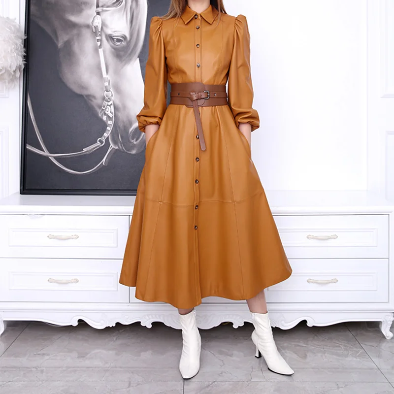 

Women's Genuine Leather Dress Full Sleeve Long Dress Spring Lady Fashion Sheepskin Coats Autumn TF3931