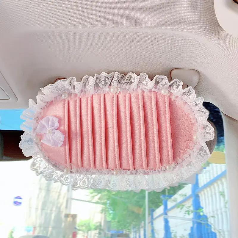 

Ice Silk Car Interior Decoration Products Sunshade Knot Clip All-season Lace Sun Visor Cover Clip Storage Pink Grey Beige Khaqi